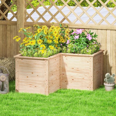 Jardinière en forme de L. lit surélevé de jardin. bac à fleurs à fond ouvert. en bois 120 x 120 x 62 cm. bois naturel