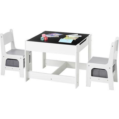 Ensemble table et 2 chaises pour enfants, avec espace de rangement sous la table et coffre de rangement en tissu sous les chaises, bureau en bois pour lecture, apprentissage et dessin, blanc (1/5)