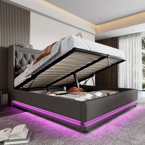 Cama con almacenamiento de algodón gris 140x200 cm, canapé hidráulico, cabecero tapizado con USB y LED, somier incluido
