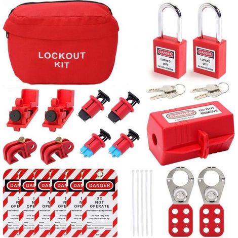GARRYFIZH Kit de Cadenas D'étiquetage de Verrouillage électrique, Loto D'étiquettes de Loto de Verrouillage de Disjoncteur Chimique Industriel avec Sac de Rangement et Clips de Verrouillage