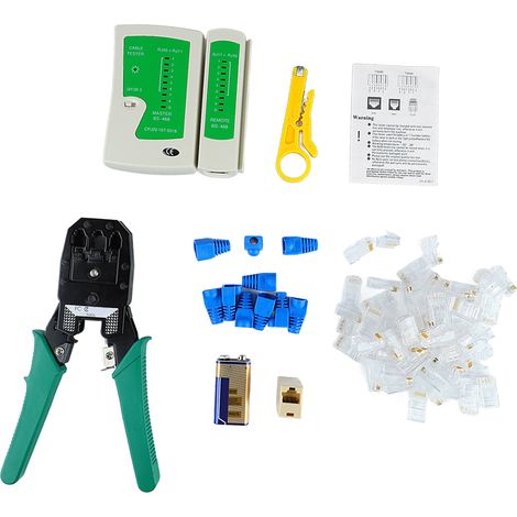 Netzwerkkabelzange, Crimpzange für RJ45-Stecker, Kabeltester mit Abisolierzange, Multifunktionswerkzeug inklusive 9V-Batterie.