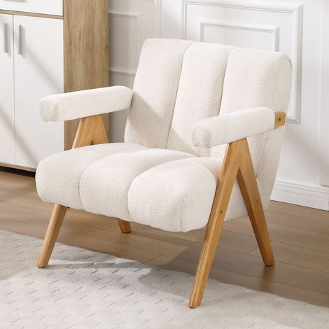 Wahson Fauteuil Relax Confortable, Fauteuil Scandinave en Chenille pour Salon, Fauteuils Salon Moderne avec Cadre en Bois,Avoine