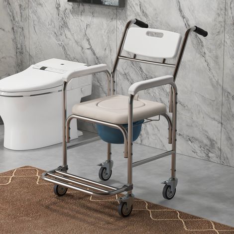 Silla de baño con ruedas - silla de ruedas con inodoro - silla de ducha - cubo, reposabrazos y reposapiés extraíbles - acero cromado, HDPE blanco (1/5)