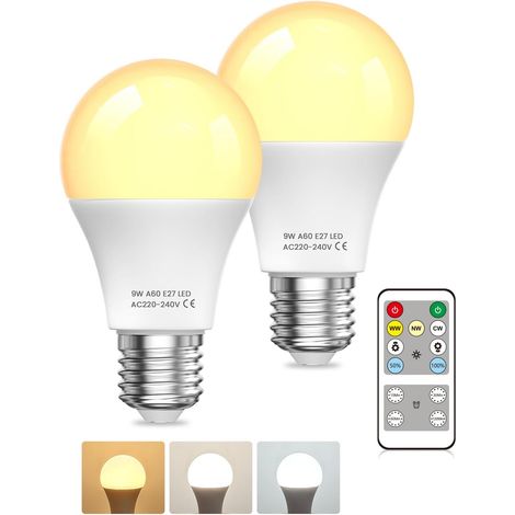Ampoules LED E27 avec Télécommande, Ampoules LED 9W(équivalent 60W) Ampoule LED E27 Dimmable 3000K-6000K, Ampoule Télécommande avec Minuterie, Fonction Mémoire, pour la Décoration d'Intérieur (1/5)