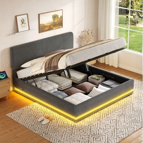 Bettgestell 160x200 cm dunkelgrau aus Cord mit höhenverstellbarem Kopfteil, LED und USB-C (1/5)