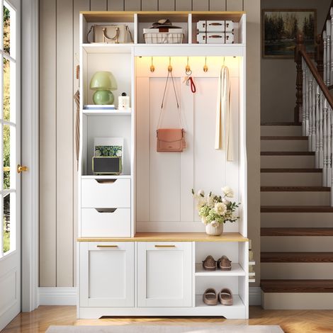 Ensemble de meubles d'entrée, vestiaire, avec banc et meuble à chaussures, rangement, éclairage LED et patères métal, pour couloir et entrée, Blanc (1/5)