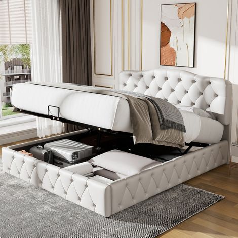 Cama doble con arcón cabecero ajustable PU blanca OKMYHOME (1/5)