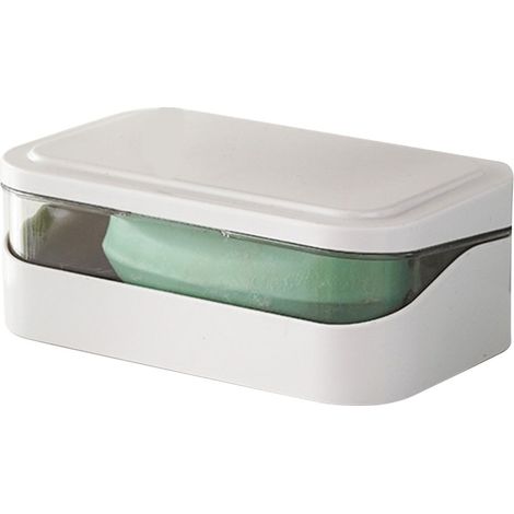 Jabonera con tapa hermética y bandeja recogegotas extraíble, soporte portátil para jabón ideal para viajes y baño - Estante de almacenamiento de PP, blanco (13,3 x 8,5 x 5 cm) (1/5)
