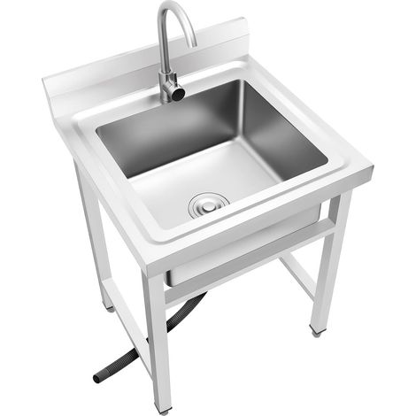 HAUTOUR Évier de cuisine autoportant, en acier inoxydable, avec 1 bassin, avec robinet chaud et froid à 360°, pour l'extérieur, 60 x 60 x 93 cm, pour restaurant, hauteur réglable (1/5)