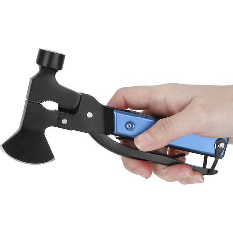 Hache-marteau multifonction 15 en 1 pour le camping et la survie : tournevis, pince, ouvre-bouteille (bleu) (1/5)