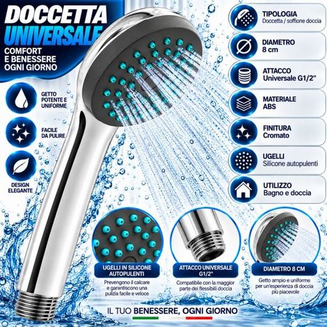Soffione Doccetta Doccia ad Alta Pressione Ø8cm Cromato ABS Universale G1/2" (1/5)