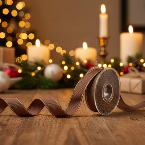 Nastro decorativo con bordo metallico dorato per decorazioni natalizie da 20 mt -Bordeaux / 15 mm (1/4)