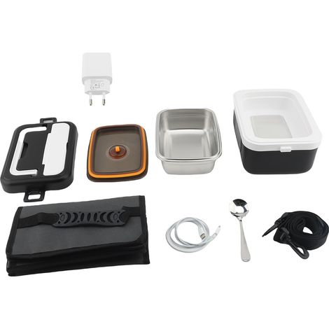 Boîte Déjeuner Électrique 60W 1L Inox Température Réglable – Chauffe-Aliments Portable avec Fourchette Cuillère Sac Rangement Voiture Camion Bureau, Noir Blanc (1/4)