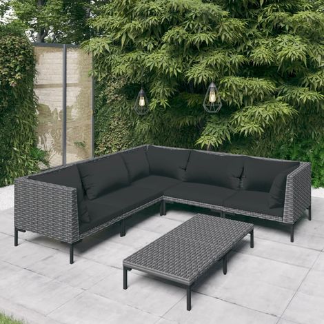 6-tlg. Garten-Lounge-Set mit Kissen Poly Rattan Dunkelgrau (1/5)
