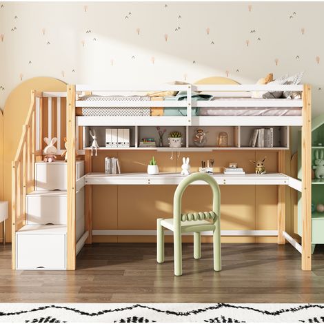Letto a soppalco 252x95x165 cm in legno/MDF bianco con scrivania, senza materasso (1/5)