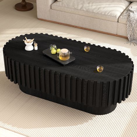 MODFU – Table basse ovale 100x50x35,5 cm MDF – Tiroir et lames verticales – Angles arrondis et piètement massif – Salon – Noir (1/5)