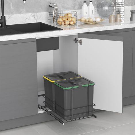Emuca Pattumiera per differenziata Recycle da cucina, 2 x 16 L, fissaggio sul fondo ed estrazione manuale, Tecnoplastica grigio antracite (1/5)