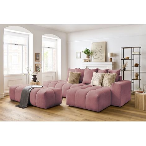 BOBOCHIC - Canapé d'angle fixe MONT-BLANC velours avec pouf Angle droit Rose (1/5)
