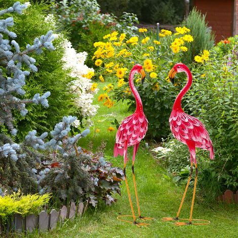 Statue de Flamant Rose Lot de 2 pour Jardin Cadre en Métal Imperméable Plumes de Couleur Dégradée Animaux Realiste CW5439 Maison Chic (1/4)