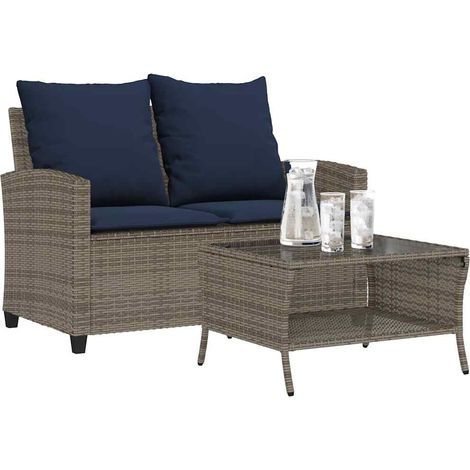 Gartensofa 2-Sitzer mit Kissen & Tisch Grau Poly Rattan