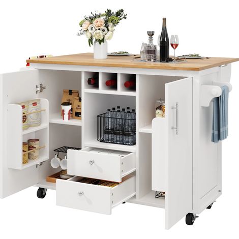Îlot de Cuisine Mobile,Avec 2 tiroirs et Portes,Buffet Mobile avec table Extensible,120 x 73 (45) x 92 cm,Blanc