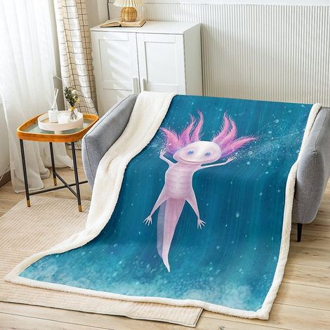 Couverture Sherpa rose mignonne avec axolotl et salamandre, idéale pour les enfants (garçons et filles). Couverture douce et moelleuse avec motif reptiles et animaux marins.