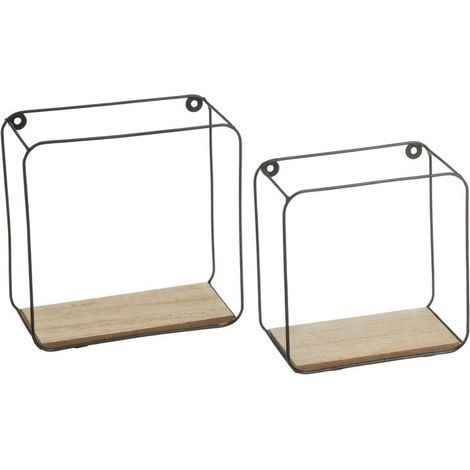 Set 2 Mensole Parete Scaffale Espositore Metallo Nero Legno MDF 21x10x21 cm (1/5)