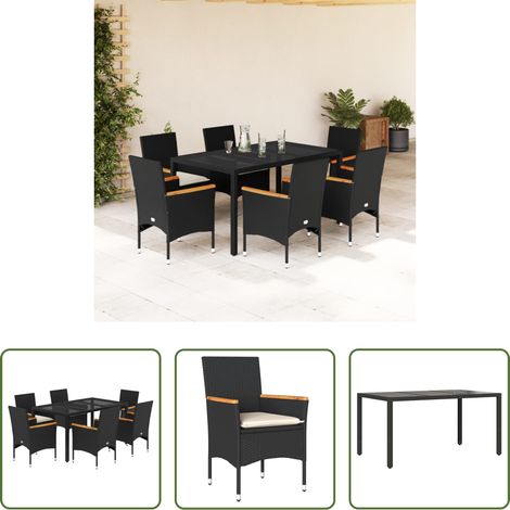 vidaXL Set comedor jardín 7 pzas cojines ratán sintético vidrio negro (1/5)