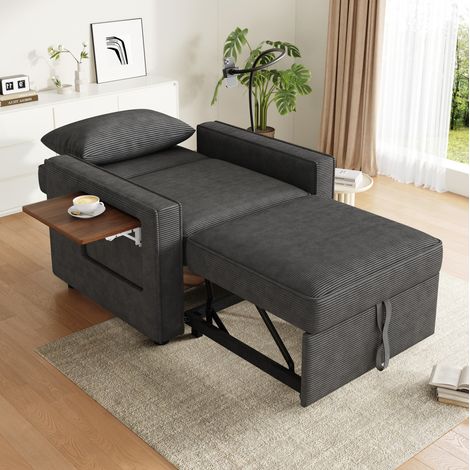 Canapé-lit 1 place 93x150x85 cm gris avec USB et support téléphone, tissu côtelé MEUBLIV (1/5)