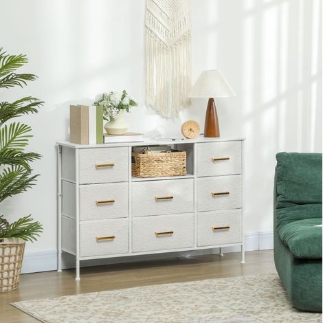Commode en polyester crème blanc avec 8 tiroirs, prise intégrée et structure acier, 110 x 30 x 76 cm (1/5)