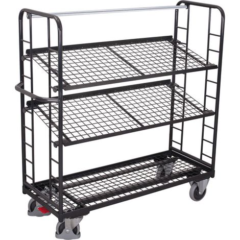 VARIOfit Etagenwagen mit vergitterten Seiten, Rohrschiebegriff und 2 neigbaren Drahtgitterböden 1355x550mm Anthrazitgrau RAL 7016