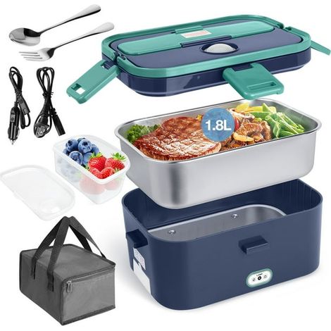 Livhil Electric Lunch Box Food Heater, Portable Food Warmer, Hot Lunch Warmer Heated Lunch Box for Adults, 60W 1.8L 12V-24V 110V Stainless Steel Container Portable Food Heater (Green+Royal Blue) (1/5)