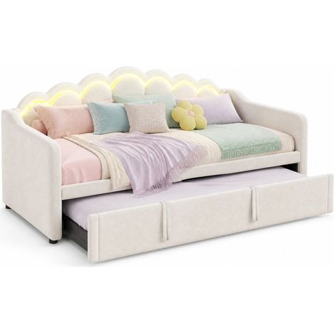 Lit gigogne convertible 90x200 cm avec LED colorées, tête de lit ondulée, velours beige, couchage 180x200 cm, double usage jour/nuit, sans matelas – CHICFURN (1/5)