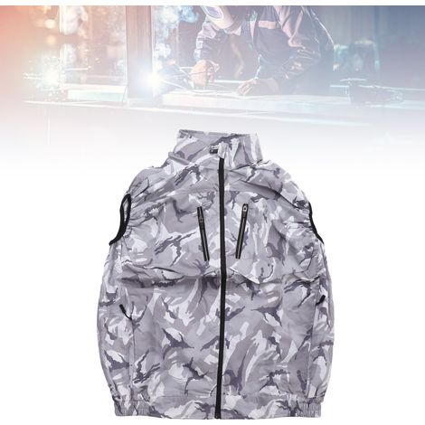 Gilet d'été rafraîchissant avec ventilateur intégré, vêtement climatisé, gilet de recharge, vêtement de travail rafraîchissant et de protection solaire, XL, camouflage léger. (1/5)