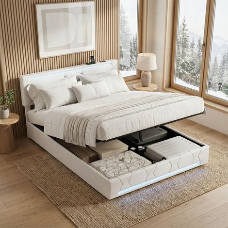 Letto contenitore 140x190 con rete a doghe, illuminazione LED, 2 porte USB e 1 Type-C, letto matrimoniale per adulti con testiera regolabile, tessuto in lino, stile scandinavo, Beige