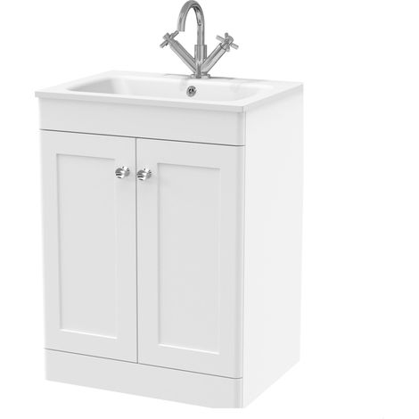 Swynnerton Traditional 2 Door Floor Standing Vanity Unit with Stone Basin, Satin White, 600mm