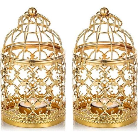 hängende Vogelkäfiglaternen, Kerzenhalter aus Metall, goldene Kerzenlaternen, Vintage-Tischdekoration, Hochzeitsfeier, Kerzenhalter, Weihnachtsdekoration - Crezuo