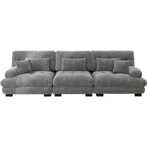 Divano dritto, divano da 3 posti con 5 cuscini, seduta profonda, in tessuto felpa (chenille), grigio (1/5)