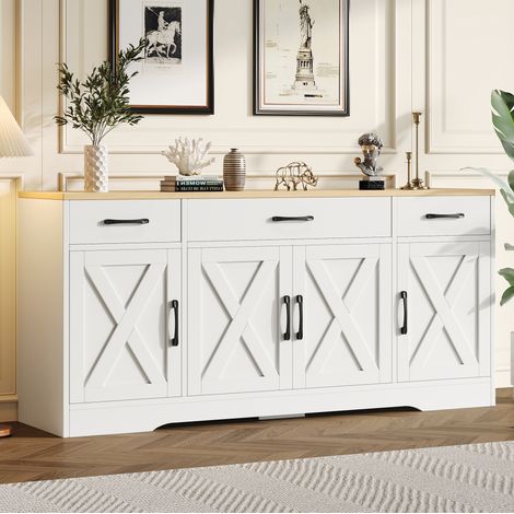 Meuble TV blanc 160 x 37 x 75 cm en MDF avec 3 tiroirs, 4 portes et système anti-basculement HAVRYA (1/5)