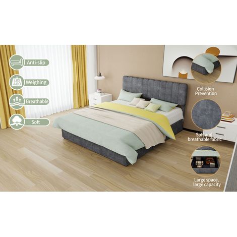 Lit rembourré minimaliste moderne avec tête de lit douce et confortable, 160x200 cm, gris, mobilier de chambre multionctionnel, base de rangement haute, mfatelas 160200cm inclus. (1/5)
