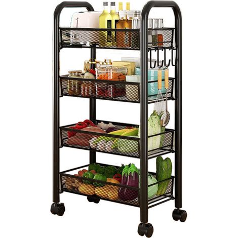 Chariot de rangement à roulettes, étagères de rangement à plusieurs niveaux, paniers à légumes et collations multifonctionnels et mobiles, étagères de cuisine noires à quatre niveaux (1/5)