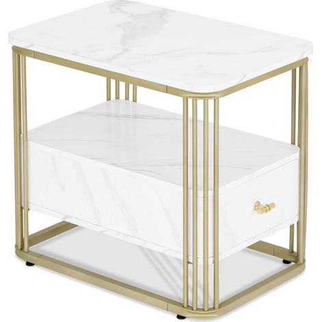 BarberPub Beistelltisch mit Schublade, Sofatisch mit 2 Ablagen, Modern Kaffeetisch Marmor Weiß Gold, Metallgestell, Couchtisch für Schlafzimmer, Wohnzimmer, Schönheitssalon, 60x40x55, 2138 (1/5)