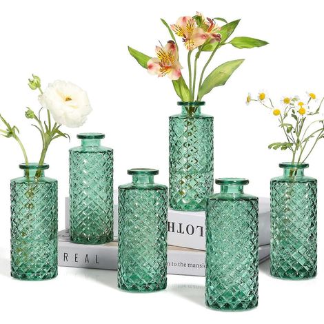 Lot de 6 vases en verre, petits vases en forme de diamant en vrac pour la décoration de table, la décoration de mariage, la réception, la maison (ambre/vert/bleu) (1/5)