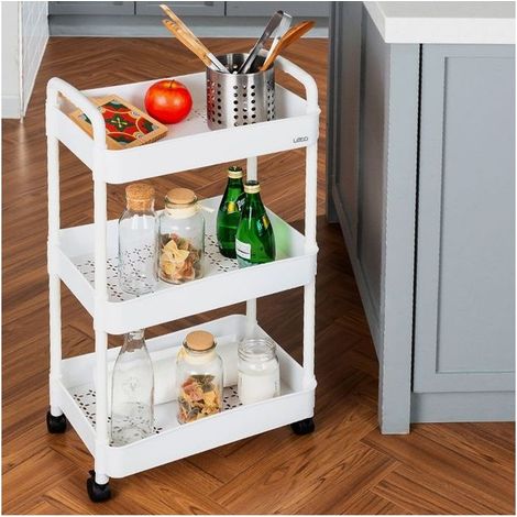 Chariot de cuisine, chariot de bricolage, chariot à roulettes, chariot à roulettes à 3 niveaux avec étagère mobile, chariot de salle de bain, rangements latéraux, étagère mobile, blanc (1/5)