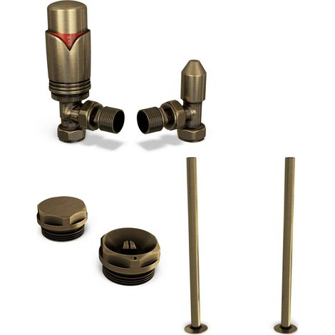 Derry Bold - Thermostatic Radiator Valve & Installation Kit - Antique Brass Angled 15mm