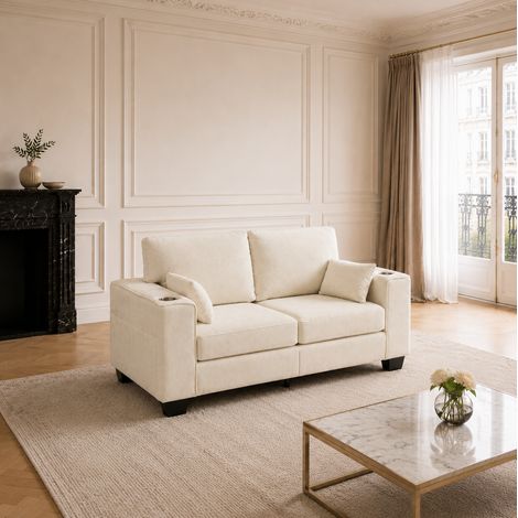 Divano 2 posti 182x76x62 cm in ciniglia beige con portabicchieri per piccoli salotti – MEUBLIV (1/5)