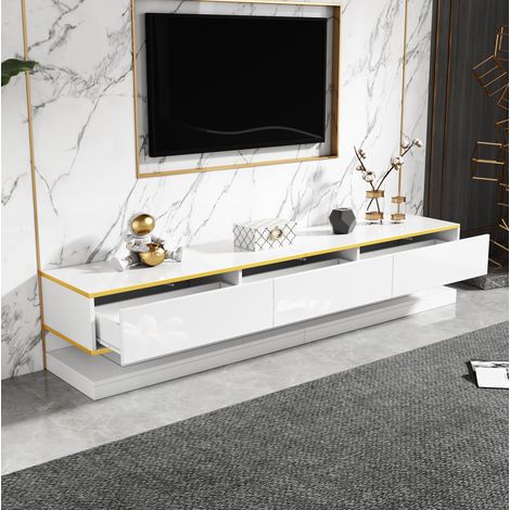 meuble tv rangement 200 cm 3 tiroirs blanc laqué moderne HAVRYA (1/5)