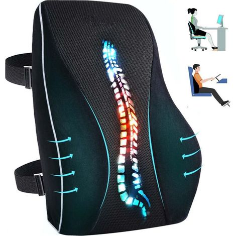 Coussin de soutien lombaire ergonomique et réversible en mousse à mémoire de forme haute densité, avec doubles sangles réglables et housse amovible. (1/5)