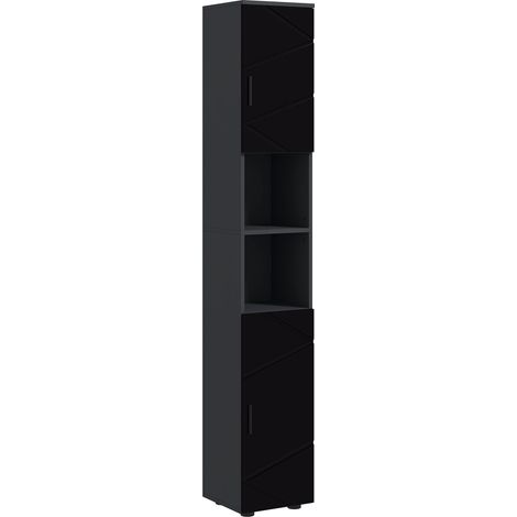 Colonna Bagno in Truciolato con 2 Ripiani Aperti e 2 Armadietti a 2 Livelli, 30x30x183 cm, Nero e Grigio