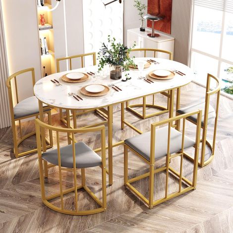 Ensemble table de salle à manger, 6 places, avec table en imitation marbre, 6 chaises à dossier, structure métallique, Style Moderne - Doré (1/5)